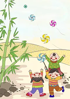 孩童春游放风筝场景