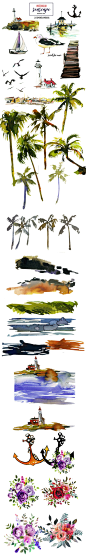 灯塔 海岛 帆船 海鸥 锚 码头 椰子树 花束 Watercolor Sea Palms Seascape Kit - Illustrations - 6