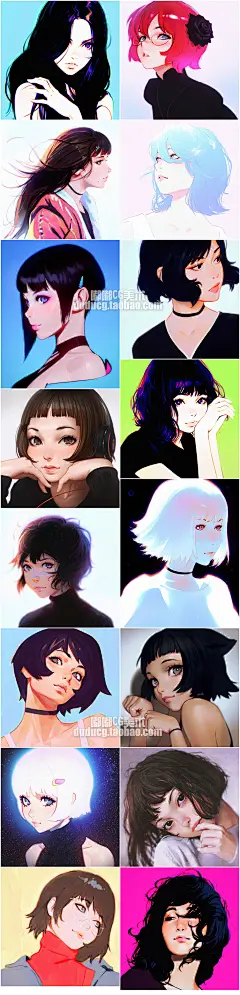 197 手绘插画素材 Ilya Kuvshinov可爱短发女生头像 练习临摹参考-淘宝网