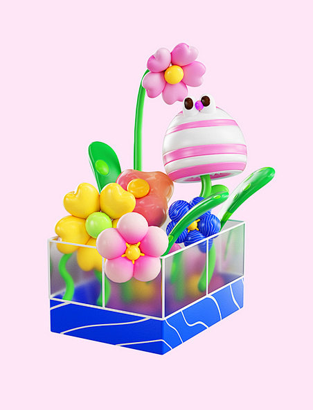 3D立体C4D春天春季花卉花朵气球花捧花...