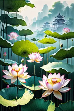 暑假鲜花荷花荷叶插画图片