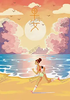 手绘插画 【酷图网】大海,插画,天空,女孩,白云