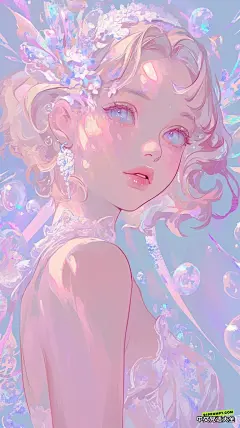 一位约20岁的年轻女子，留着波浪形的金发。整体配色方案柔和柔和。她在幻想的场景中斜向上凝视。背景以肥皂泡为特色，这位女士穿着一件白色连衣裙，上面装饰着丰富的褶边和蕾丝。她头上还戴着头饰。 | 中文prompt咒语大全，ChatGPT咒语，Midjourney咒语，文生图咒语，提示词翻译，prompt翻译