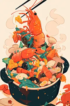 美食街小龙虾小吃卡通插画