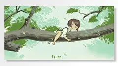 女孩树干绿色清新唯美插画设计素材模板-图巨人