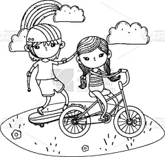 可爱的,小的,滑板,自行车,儿童,人,男孩,女孩,地形,装裱