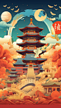 中国风建筑国庆节中国北京长城和天坛迷幻漫画