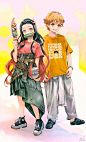 画师 灸場メロ 笔下 穿上了优衣库联动UT的祢豆子&善逸。（via twi 9baMelo） ​​​​