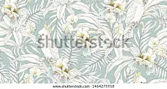 无缝的热带图案与花兰花、Fleur de lis、树叶和鹦鹉鹦鹉。复古风格的矢量插图。