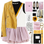 A fashion look from September 2016 featuring fitted tops, brown motorcycle jacket and pastel pink skirt. Browse and shop related looks.