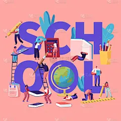 教育理念以微小的男女角色与学校文具，高校学生回校知识海报横幅传单宣传册。卡通平面矢量插图