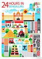 现居伦敦的巴西插画家Fernando Volken Togni为卡达航空出版的Oryx Magazine绘制了这组名为《24 Hours in ……》的插画作品，他用简单的几何色块和丰富的色彩，拼凑出世界不同国家城市的特色元素，欢乐又带着童趣。国内的城市他选择了上海，不知道你能从图中找出上海的哪些元素来呢？