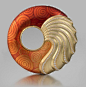 By Leo de Vroomen _ "Mesmorising  This magnificent brooch is almost hypnotic, spirals carved into the gold beneath a beautifully graduated orange enamel.  Fluted gold detail accented with diamonds to draw you out of the trance!"