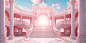 There is a pink palace,white and pink, European architecture, indoor,solid color background, Frontview, warm sunlight, light background, Complex details, behance, C4D, IP, BLENDEROCTANE,Serafleur art from artstation,64k