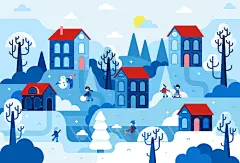 卡通圣诞节小镇社区房屋房子街道平安夜圣诞树雪景插画ai设计素材-淘宝网