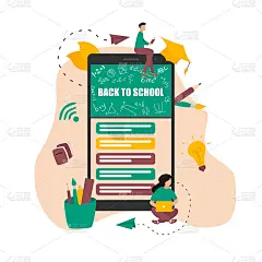 插画平面设计理念的在线教育。在冠状病毒大流行期间，学生在远方学习。矢量图