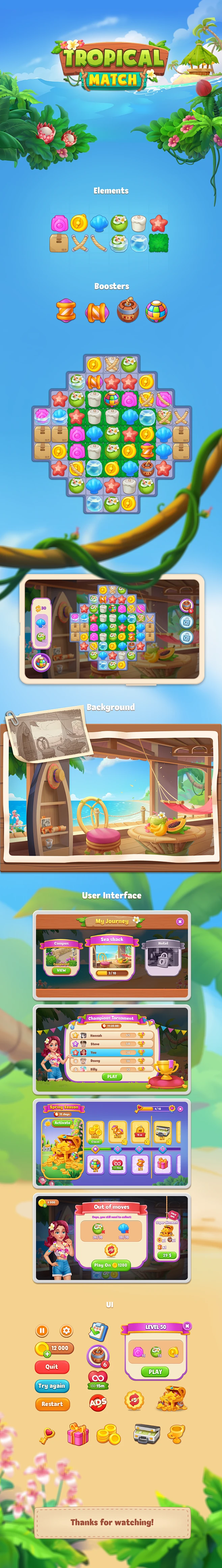 Merge match 3 Game Art Mobile app UI/UX game ui Tropical casual icon ...