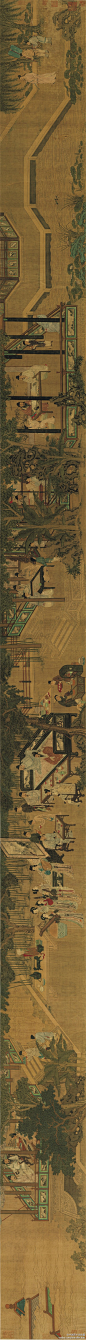 #南宋四大家#【 南宋 刘松年 《十八学士图》 】卷，绢本设色，台北故宫藏。作品描绘"十八学士"们的雅集生活。唐初十八学士这一历史，传到两宋，已经成为了典故。这些雅集活动大多不可缺少琴、棋、书、画四样东西。此外，歌舞曲艺、古玩彝器、诗词歌赋、饮酒美食也都成为宋人文人雅集时候所常见的内容。