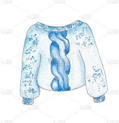 手绘水彩冬季针织服装。蓝色羊毛运动衫