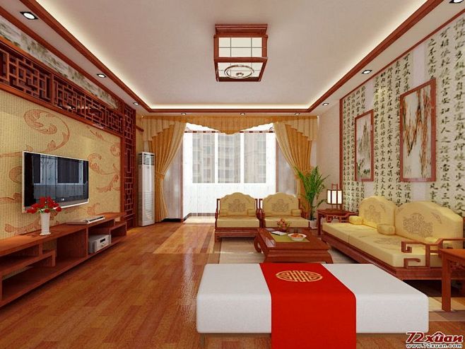 【中式客厅背景墙客厅沙发背景墙、地板、灯...