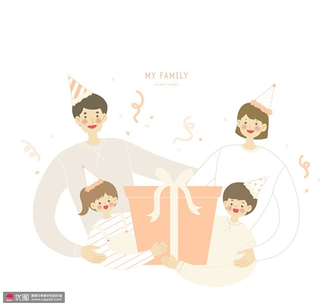 年轻爸妈可爱宝宝丝带礼盒生日帽子亲子插画...