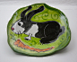 Majolica Pottery Rabbit Clay Tray Wall Hanging Green Black White - Clay Lick Creek Pottery