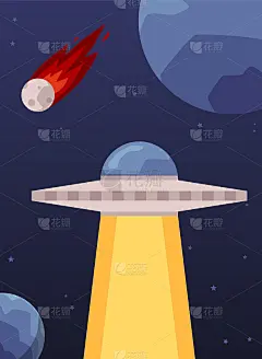 太空中的UFO -平面卡通海报与外星人飞船与光束