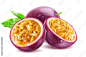 Ripe passionfruit whole and two halves with mixed pulp isolated on white background.
