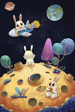 清新 中秋佳节 月饼 月亮 团圆 卡通 中秋节节日插画插画绘画