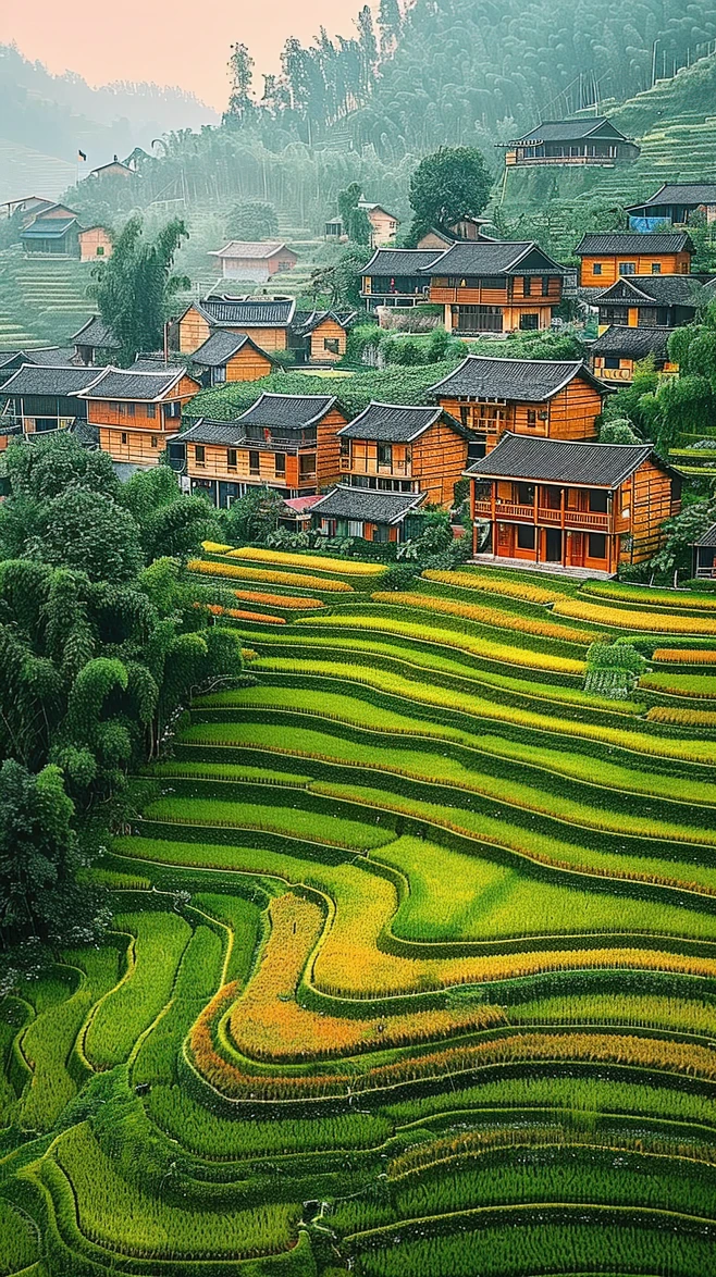 自然乡村景色梯田稻田风光田园唯美风景-花瓣网