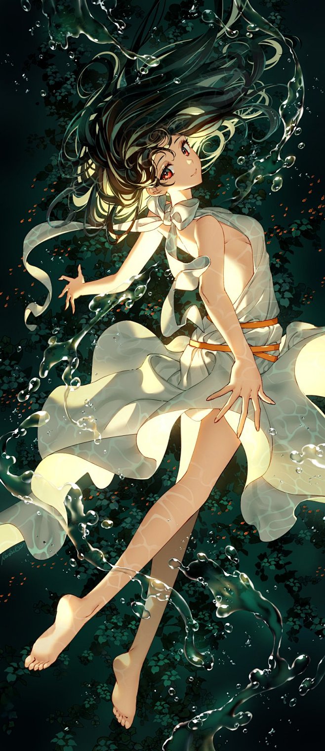 动漫美少女 海里 白裙 红瞳