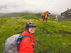 白种妇女在头盔和雨衣自拍照片自己对挪威山脉和一个有趣的棕色奶牛在阴雨天气。主题是热爱动物和素食者