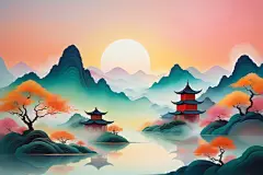 水墨江南风国潮山水插画背景图