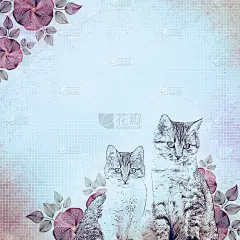古代插图，小猫和花朵，天蓝色