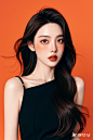 时尚气质优雅的女人，摄影写真，精致五官，皮肤白皙，淡妆，杂志构图，层次感，立体感，最佳质量，背景虚化，32K，橘色鲜亮背景，光影，中景镜头，超精细绘图，头发在画面里(1)