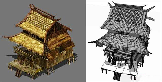 #3d模型# - 古时的茅草屋楼房 - ...