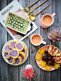 紫薯芋泥蛋糕卷，秋葵炖蛋，西柚雪梨汁，杨桃，红提，石榴。