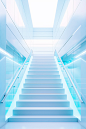 a image of stairs leading up to a large space, in the style of light white and light azure, ethereal transparency, illusionary architectural elements, installation creator, dystopian atmospheres, bauhaus functional design, light cyan and amber