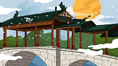 古风山水建筑凉亭荷花风景点插画海报背景