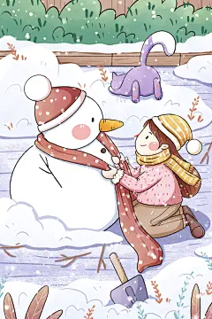 冬季扁平手绘女孩堆雪人二十四节气立冬插画