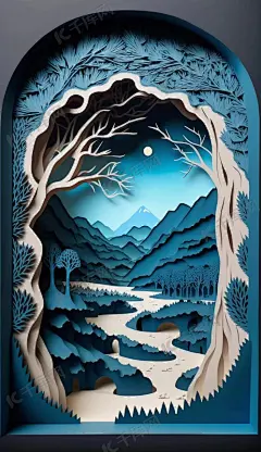 剪纸风格3d立体山水画插画图片_千库网(插画id:108765)