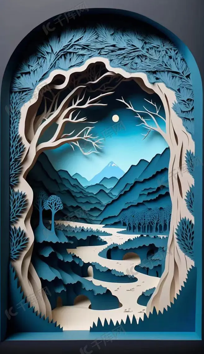 剪纸风格3d立体山水画插画图片_千库网(插画id:108765)-花瓣网