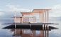 Outdoor floating building on the water. Sky views and copper colums