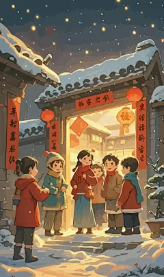 春节雪景街景庆春插画图形元素