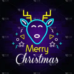 圣诞快乐霓虹文字与鹿头插图n在蓝色背景。