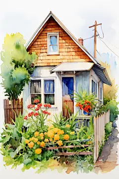 绿植房屋花园植物艺术水彩建筑画作插画