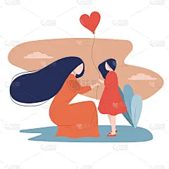 母亲节或儿童节贺卡。妈妈蹲着和她的女儿拿着气球