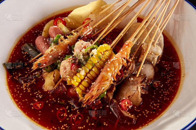 香料,串肉签,芝麻,格子烤肉,蔬菜,热,...
