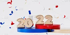 圣诞节或新年假期背景，黄金2022信与五彩纸屑，3d渲染