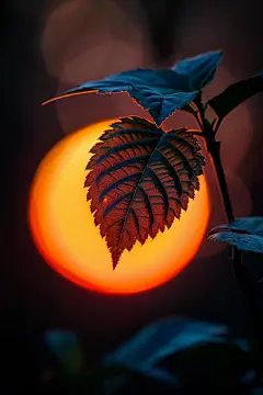 夕阳照亮的一片树叶摄影图片